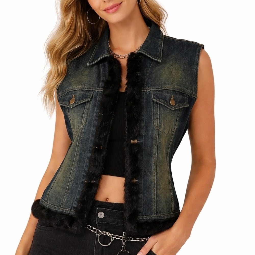 VTG MIXIT 1990s Stonewash Denim Rabbit Fur Button Down Waistcoat Festival Vest